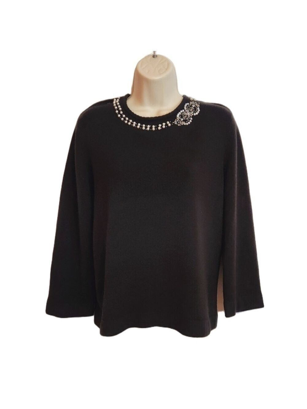 Koret Black Pearl Beaded Neckline Sweater Large